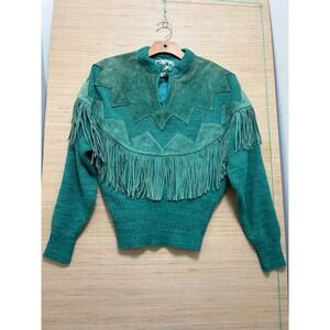 Pioneer Wear Vintage Western Suede Fringe Sweater Teal Green Womens Small